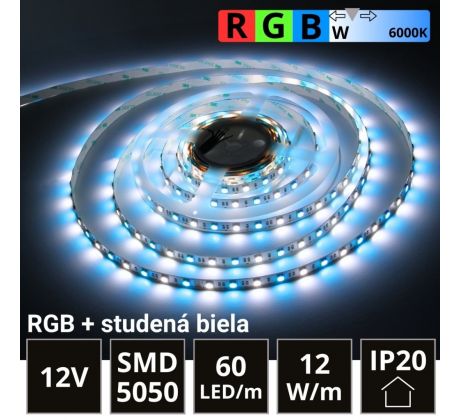 5m LED pásik 60LED/m SMD5050 12W/m IP20 RGB-CW (RGB+studená biela) 12V