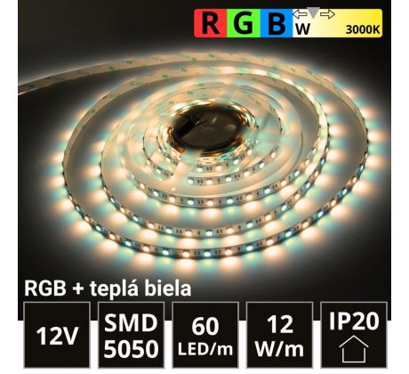 5m LED pásik 60LED/m SMD5050 12W/m IP20 RGB-WW (RGB+teplá biela) 12V