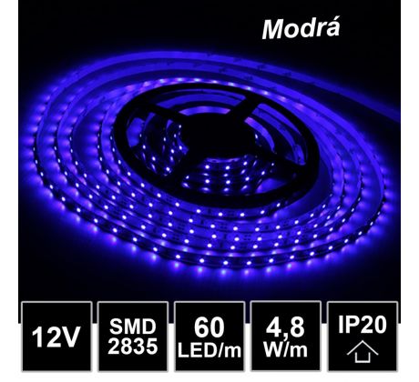 LED pásik 60LED/m SMD2835 4,8W/m modrý, IP20 12V