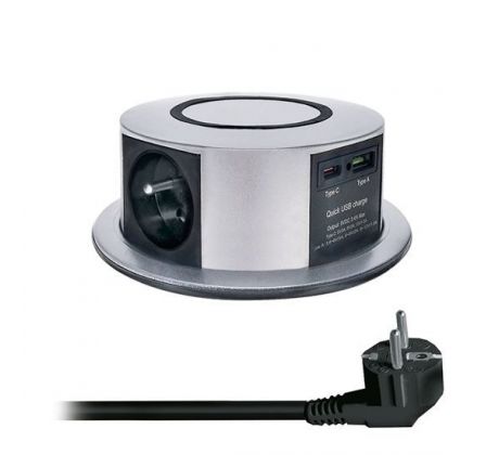 Solight 3z + USB A+C 20W PD, Wireless 10W, výsuvný blok zásuviek, 2m,  strieborný
