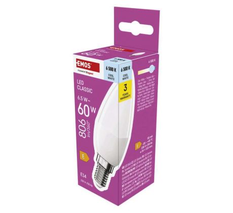 LED žiarovka Classic sviečka / E14 / 6,5 W (60 W) / 806 lm / Studená biela