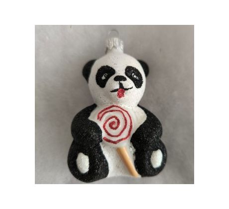 MEDVEDÍK PANDA S LÍZATKOM. sklenená ozdoba, forma, biely dekor