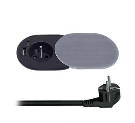 Solight 1z + USB A+C 20W PD vstavaná zásuvka s posuvným viečkom, 2m, strieborná