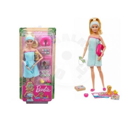 Mattel Barbie - Wellness Spa Blond bábika so šteniatkom a 9 doplnkami (GJG55)