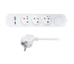 Solight 3z predlžovací prívod s USB A+C nabíjačkou 2,4A, 2m, 3 x 1mm2, biely, vypínač