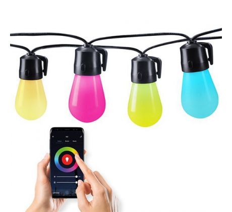 Solight LED smart vonkajšia reťaz s RGB žiarovkami, bluetooth, 15 žiaroviek, 14m+6m, 10W