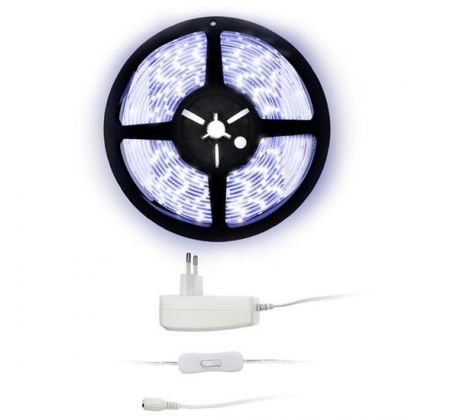 Solight LED svetelný pás s testrom, 5m, sada s 12V adaptérom, 4,8W/m, IP65, studená biela