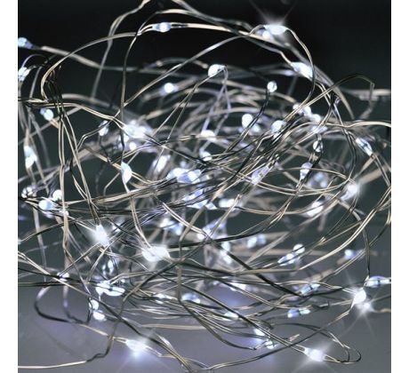 Solight vianočná reťaz strieborná, 100x mini LED, 10m, 3 x AA, studené svetlo