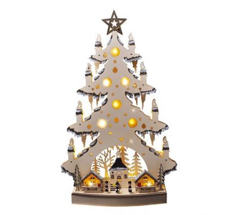 Solight LED drevený vianočný stromek s dekoráciami, 23x LED, prírodná farba, 64cm, 2x AA