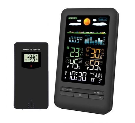 Solight meteostanica, farebný LCD, vnútorná/vonkajšia teplota a vlhkosť, tlak, RCC, čierna