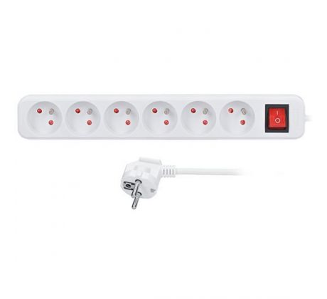 Solight predlžovací prívod, 6 zásuviek, biely, vypínač, 1,5m