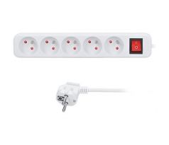 Solight predlžovací prívod, 5 zásuviek, biely, vypínač, 2m