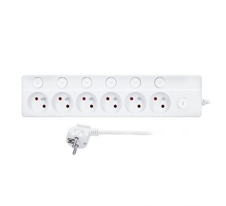 Solight 6z predlžovací prívod, 3m, 3 x 1mm2, biely, 6+1 vypínač