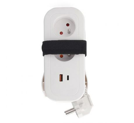 Solight 2z + USB A+C 20W PD, cestovný predlžovací prívod 1.5m, biely