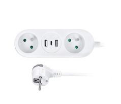 Solight 2z + USB A+C 17W, cestovný predlžovací prívod 1.5m, biely