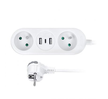 Solight 2z + USB A+C 17W, cestovný predlžovací prívod 1.5m, biely