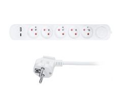 Solight predlžovací prívod 5 zásuviek, USB A+C nabíjačka 12W, 3m, 3 x 1mm2, biely, vypínač