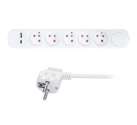 Solight predlžovací prívod 5 zásuviek, USB A+C nabíjačka 12W, 3m, 3 x 1mm2, biely, vypínač