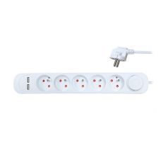 Solight predlžovací prívod 5 zásuviek, USB A+A nabíjačka 12W, 3m, 3 x 1mm2, biely, vypínač