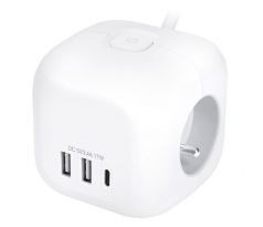 Solight 3z + USB A+C predlžovací prívod - kocka, 2m, 3 x 1mm2, biely, vypínač
