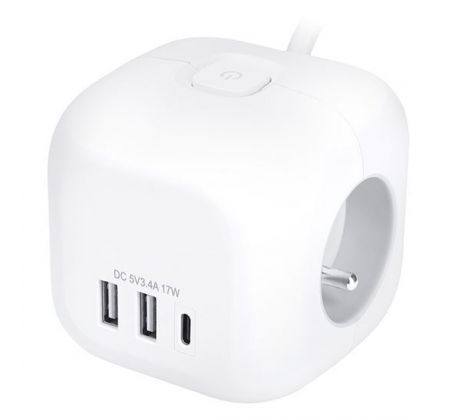 Solight 3z + USB A+C predlžovací prívod - kocka, 2m, 3 x 1mm2, biely, vypínač
