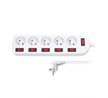 Solight predlžovací prívod, 5 zásuviek, biely, 6x vypínač, 3m