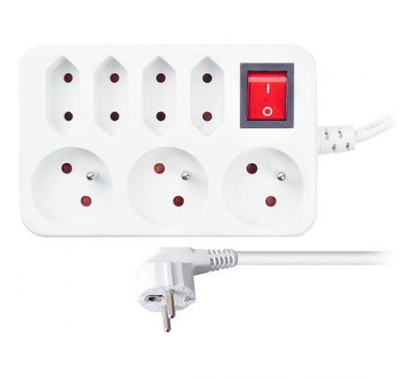Solight predlžovací prívod, 7 zásuviek, biely, vypínač, 2m