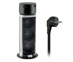 Solight 3z + USB A+C výsuvný blok zásuviek, 2m, čierny