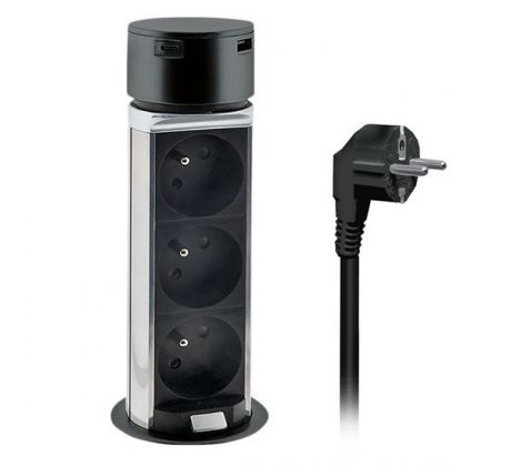 Solight 3z + USB A+C výsuvný blok zásuviek, 2m, čierny
