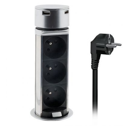 Solight USB výsuvný blok zásuviek, 3 zásuvky, plast, dĺžka 1,5m, 3 x 1mm2, strieborný