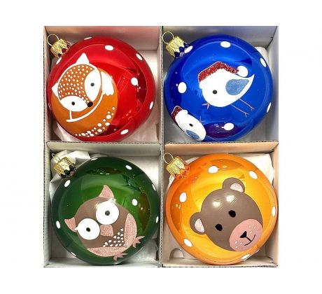 Sklenené vianočné ozdoby „Zvieracia partia“, 8 cm, štyri farebné varianty (červená, modrá, zelená, oranžová) – sada 4 ks