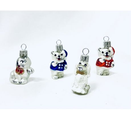 IRISA 4dielna sada sklenených vianočných ozdôb – Macko, Mačka a Pes (4 cm)