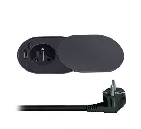 Solight 1z + USB A+C 20W PD vstavaná zásuvka s posuvným viečkom, 2m, matná čierna