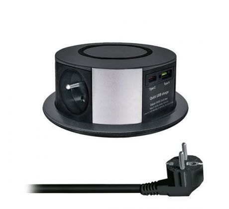 Solight 3z + USB A+C 20W PD, Wireless 10W, výsuvný blok zásuviek, 2m,  čierny