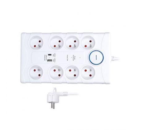 Solight prepäťová ochrana, 8z, USB A+C 3.4A, 2m, biela