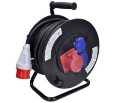 Solight predlžovací prívod na bubne, 3 zásuvky,, vonkajší, 400V + 230V, 25m gumový kábel 5x1,5mm2, IP44