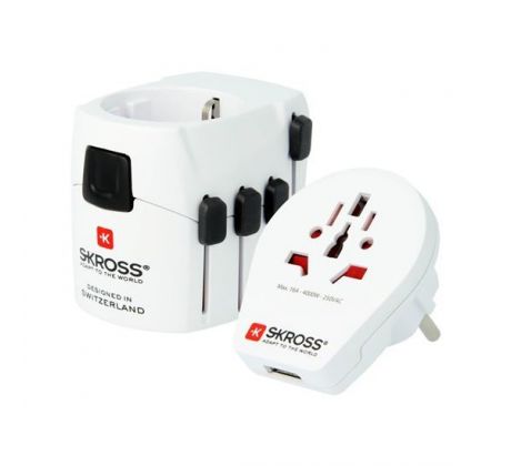 SKROSS cestovný adaptér PRO - World & USB, 6,3A max., uzemnený, vr. univerzálnej USB nabíjačky, pre cellý svet