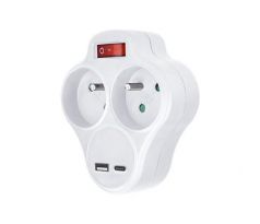 Solight rozbočovač s USB A+C nabíjačkou, 2 x 10A, biely, vypínač