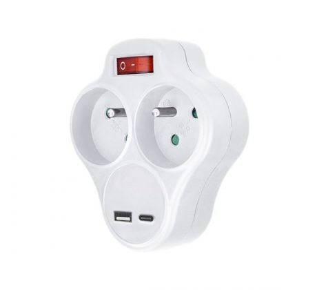 Solight rozbočovač s USB A+C nabíjačkou, 2 x 10A, biely, vypínač