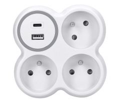 Solight rozbočovač, 3x 15A, USB nabíjačka A+C, biely-sivý