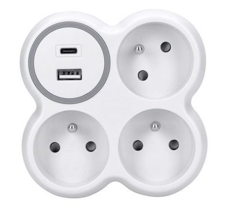 Solight rozbočovač, 3x 15A, USB nabíjačka A+C, biely-sivý