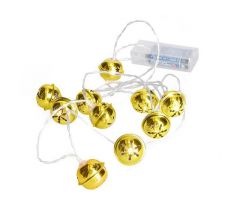 Solight LED vianočná reťaz rolničky, 10x LED, zlatá, 1,5m, 2x AA