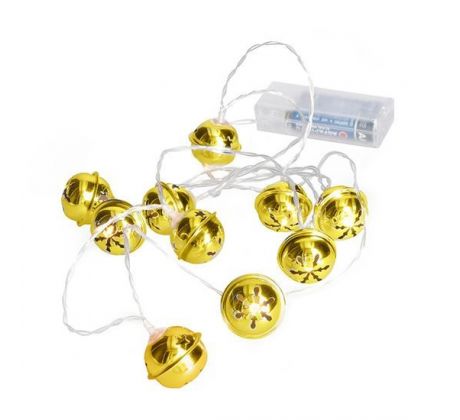 Solight LED vianočná reťaz rolničky, 10x LED, zlatá, 1,5m, 2x AA