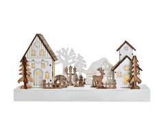 Solight LED vianočná dedinka, 34x17cm, drevo, 4 LED, 2x AA