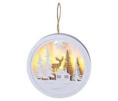Solight LED dekorácie závesná, les a jeleň, biela a hnedá, 2x AAA