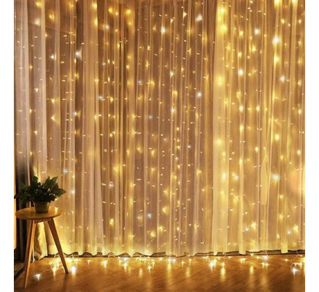 Solight LED vianočná záves okenná, strieborná, 300x mini LED, časovač, 8 funkcií, USB