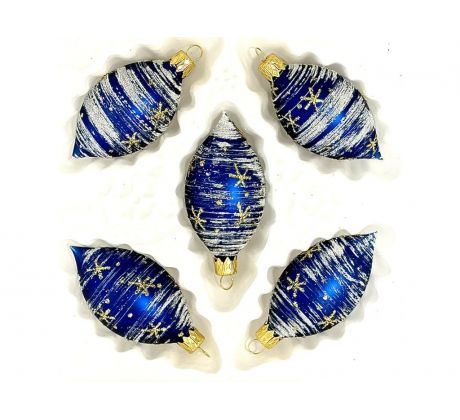 Sklenené vianočné ozdoby "Nočná hviezdna oliva", 8 x 4 cm, modro-biele so zlatými hviezdami - sada 5 ks