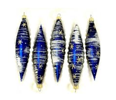 Sklenené vianočné ozdoby "Nočné vločkové vreteno", 14 x 3 cm, modro-biele so zlatými hviezdami - sada 5 ks