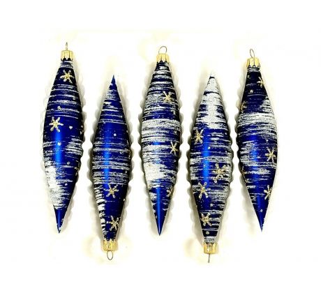 Sklenené vianočné ozdoby "Nočné vločkové vreteno", 14 x 3 cm, modro-biele so zlatými hviezdami - sada 5 ks