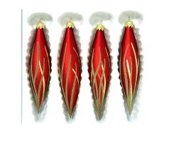 Sklenené vianočné ozdoby „Rubínové stvoly“, 14 x 3 cm, matne červené so zlatým dekorom - sada 4 ks